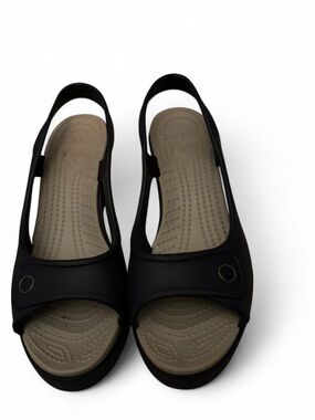 Crocs Havana Women's Sz 6 Navy Slingback Platform Wedge Peep Toe Heel Shoes